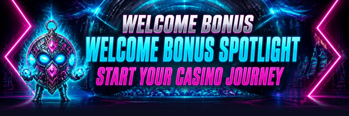 Neon amulet mascot presenting a glowing welcome bonus invitation in a dark futuristic casino